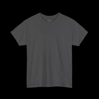 A plain gray t-shirt against a black background.