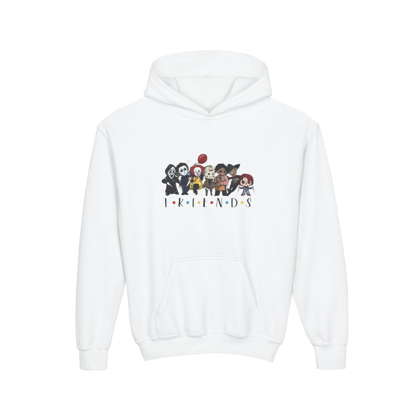 A white hoodie with a graphic design featuring a group of cartoon characters.