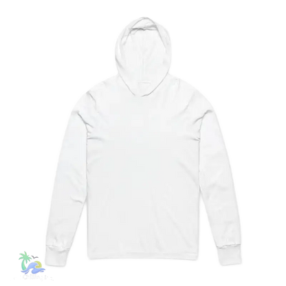 A white hooded sweatshirt is shown against a black background.