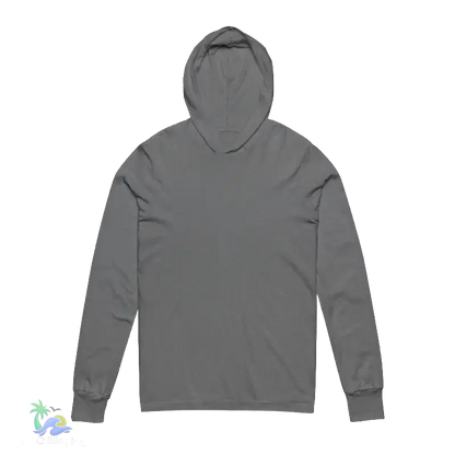 A gray hooded long-sleeved shirt is shown against a black background.