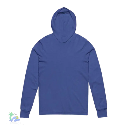 A blue hooded long-sleeved shirt is shown against a black background.