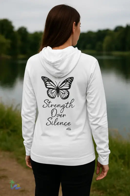 Empowerment Butterfly Hoodie Unisex Long Sleeve Tee Inspirational Gift Strength Over Silence Apparel Meaningful Quote