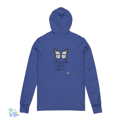 A blue hooded sweatshirt with a butterfly design and the text "Strength Over Silence" printed on the back.