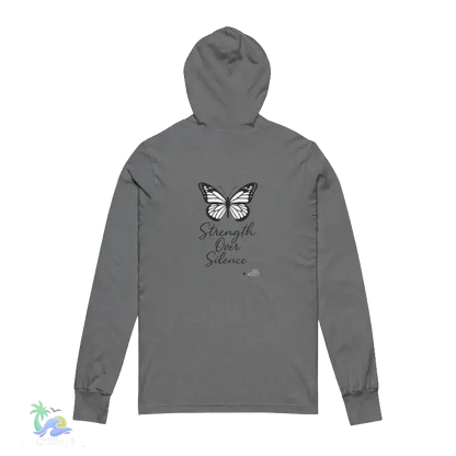 A grey hooded sweatshirt with a butterfly design and the text "Strength Over Silence" printed on the back.