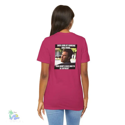 Magenta t-shirt with meme.