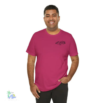Magenta t-shirt.