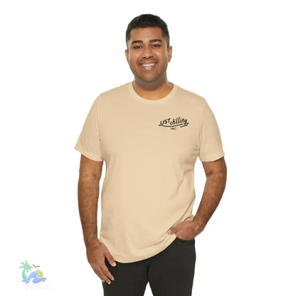 Beige t-shirt with ’Just Chilling’ text.