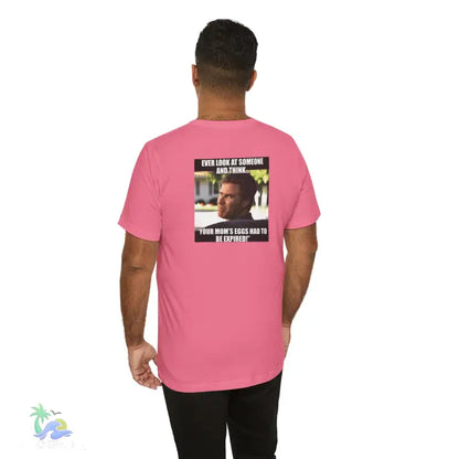 Pink t-shirt with meme.