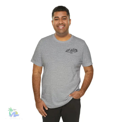 Gray t-shirt with ’Just Chilling’ text.