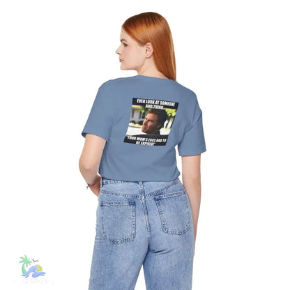 Blue t-shirt with meme.