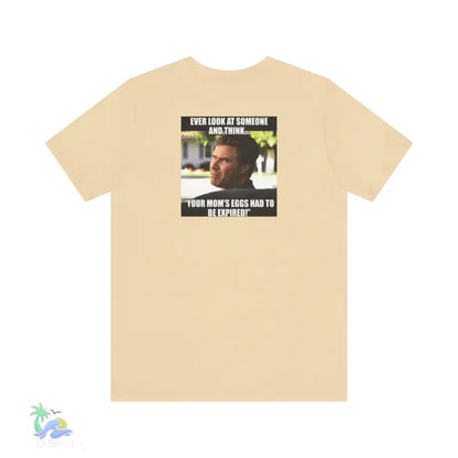 Beige t-shirt with meme.