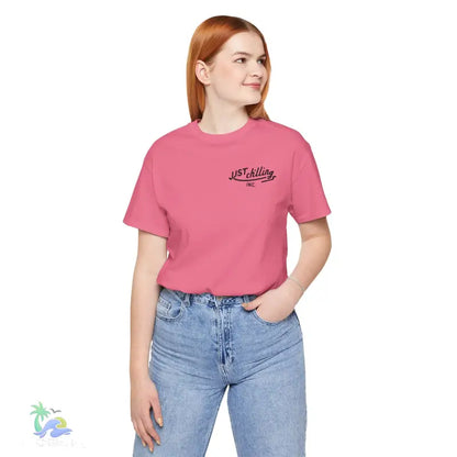 Pink t-shirt with jeans.