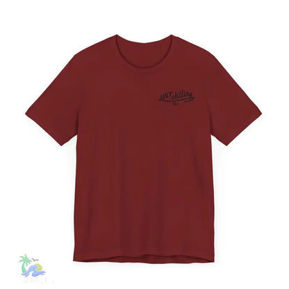 Maroon t-shirt with chest graphic.
