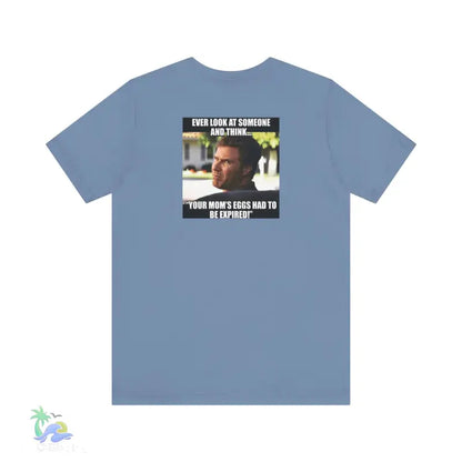 Blue t-shirt with meme.