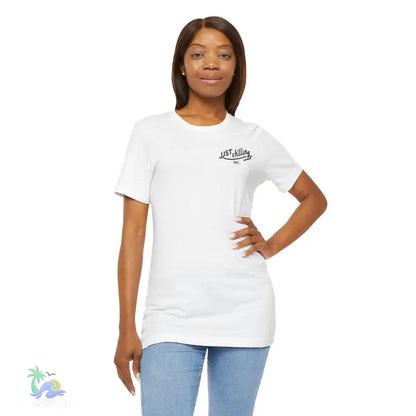 White t-shirt with small text.