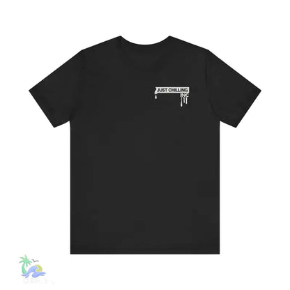 Black t-shirt with white graphic.