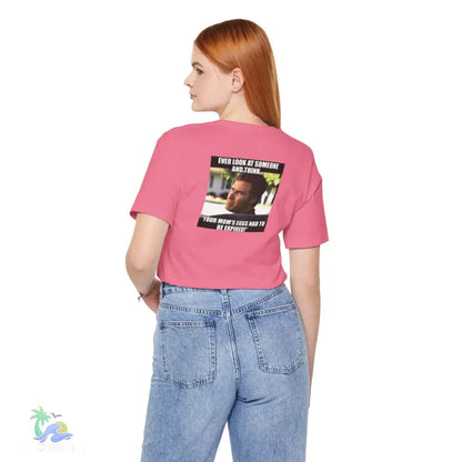 Pink t-shirt with meme.