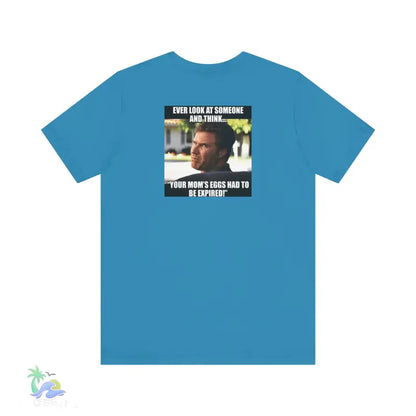 Blue t-shirt with meme.