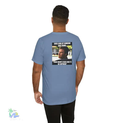 Blue t-shirt with meme.