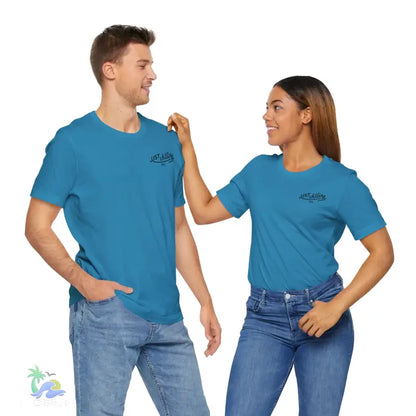 Matching blue t-shirts.