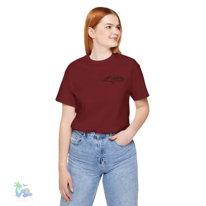 Maroon t-shirt.