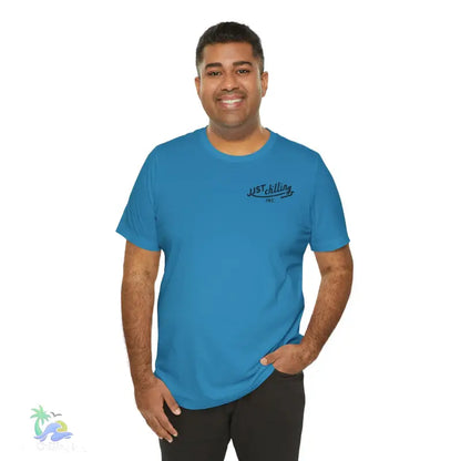 Blue t-shirt with graphic.