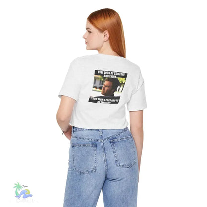 White crop top with meme.