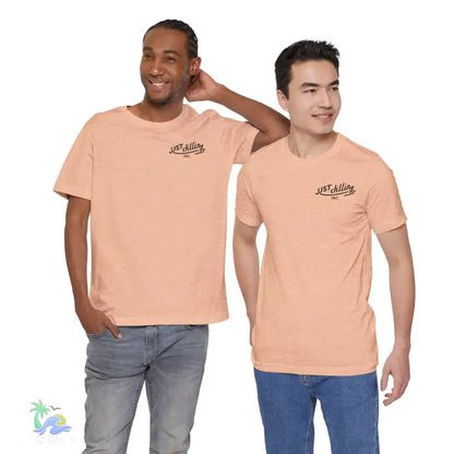 Two men wearing peach-colored t-shirts.