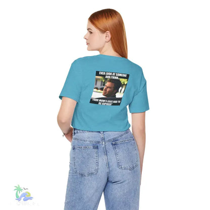 Blue t-shirt with meme.
