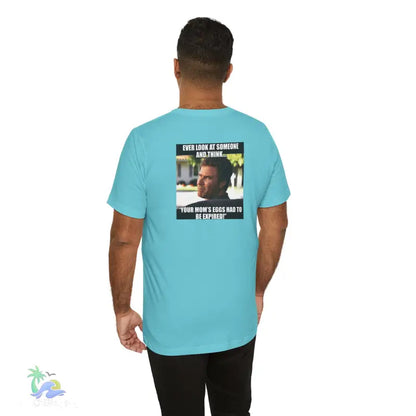 Light blue t-shirt with meme.