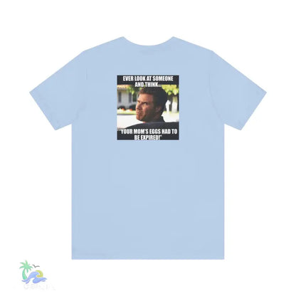 Light blue t-shirt.