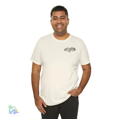 Man wearing a ’Just Chilling’ t-shirt.