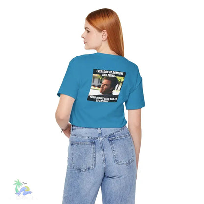 Blue t-shirt with meme.