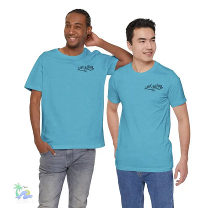 Two men wearing blue t-shirts.