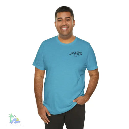 Blue t-shirt with logo.