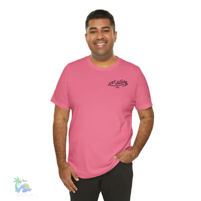 Pink t-shirt with ’Just Chilling’ text.