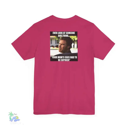 Pink t-shirt with meme.