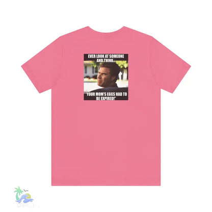 Pink t-shirt with meme.