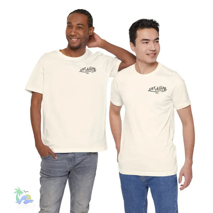 Two men wearing ’Just Chilling’ t-shirts.