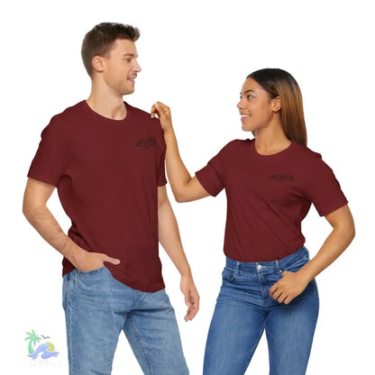 Matching maroon t-shirts.