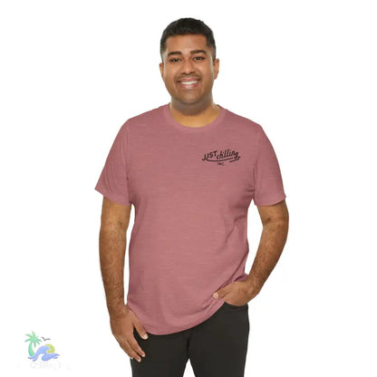 Mauve t-shirt with ’Just Chilling’ text.