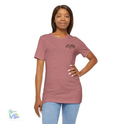 Mauve t-shirt with ’Just Chilling’ text.
