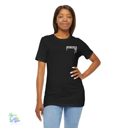 Black t-shirt with ’Just Chilling’ graphic.