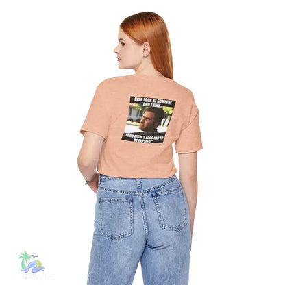 Peach-colored t-shirt with meme.