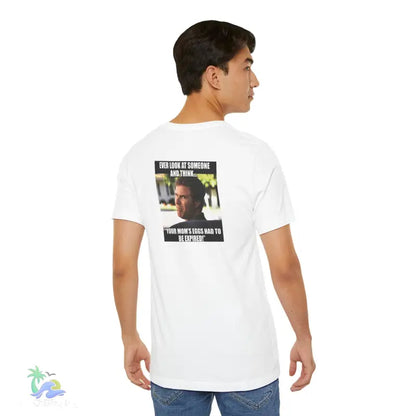 White t-shirt with meme.