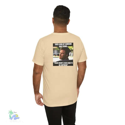 Beige t-shirt with meme.
