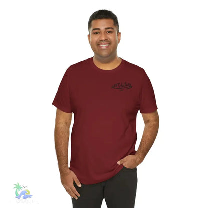 Maroon t-shirt.