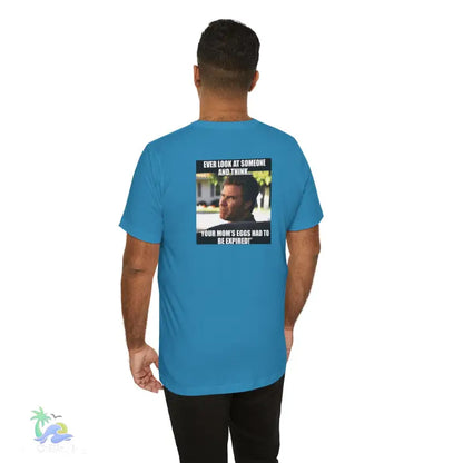 Blue t-shirt with meme.