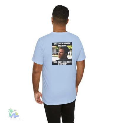 Light blue t-shirt with meme.