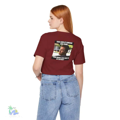 Maroon t-shirt with meme.
